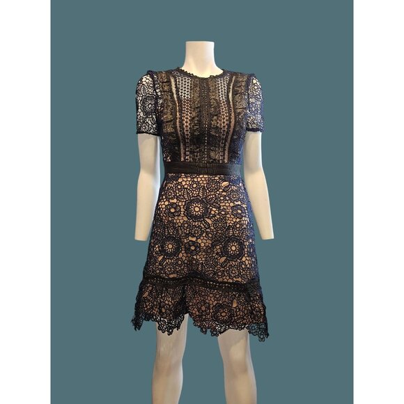 Aqua Floral Crochet Lace Feminine Chic Boho Navy/Black Lined Dress Women XS - Picture 4 of 14